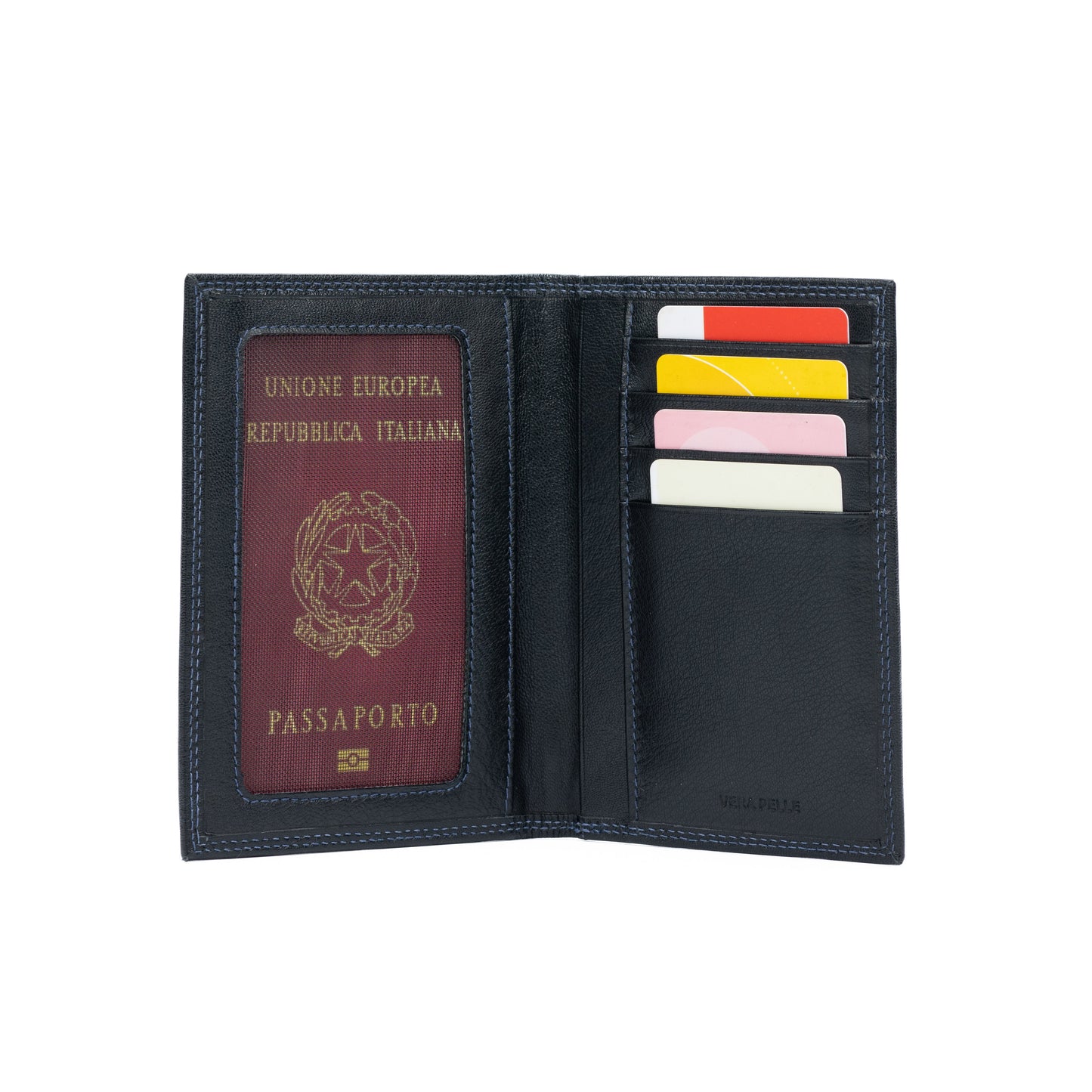 K10222AB | Document Holder + Passport in genuine full-grain leather, with light grain. Black color. Size when closed: 10 x 14 x 1 cm - Packaging: hard bottom/cover Gift Box